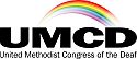 logo of the Congress of the Deaf, a rainbow representing the varieties of hearing conditions, over the letters UMCD